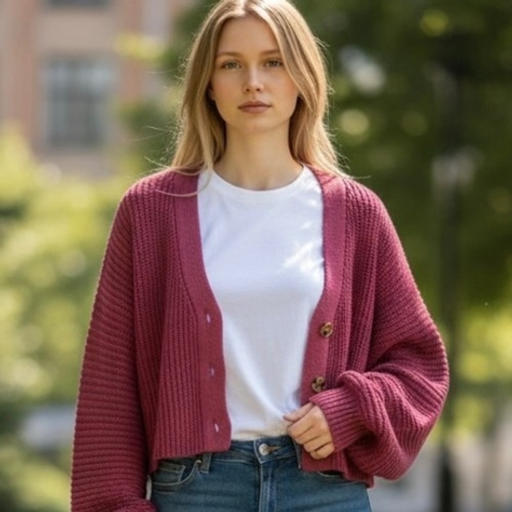 Forever 21 Ribbed‎ Cropped Cardigan Sweater Size S Burgundy Buttons Boho Indie